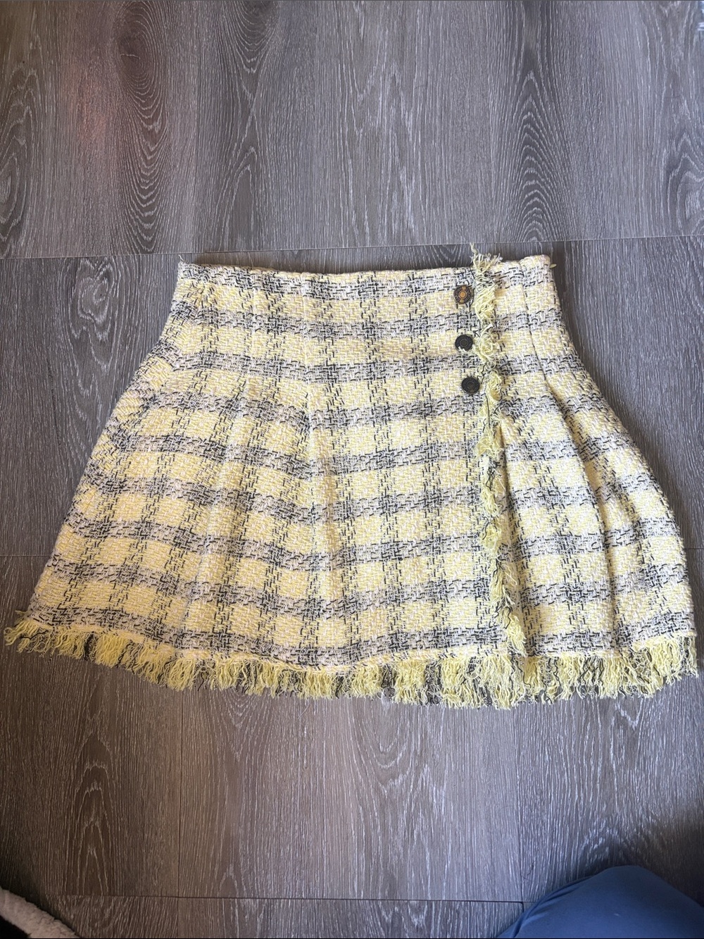 Zara Yellow Plaid Fringe Tweed Mini Skirt